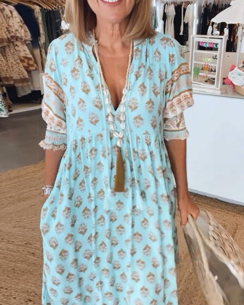 Alexa - Half Sleeve Printed V-neck Dress